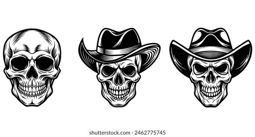 Human skull wearing hat set of black silhouette