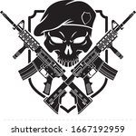 Human skull wearing military beret and crossed assault rifles