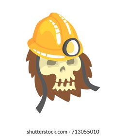 Human skull wearing mining helmet lying in the ground cartoon vector Illustration