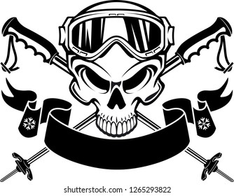 human skull wearing ski googles, crossed ski poles and banner