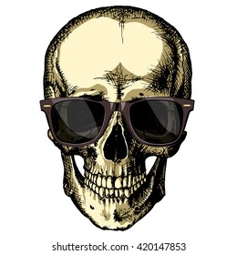 Human skull wearing sunglasses on a blank background