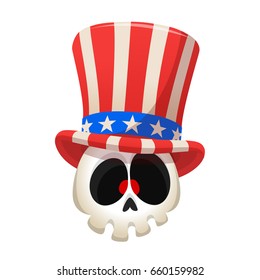 Human skull wearing Uncle Sam hat on white background. Cartoon illustration mascot for American Independence Day. 4th of july. Design for emblem or print