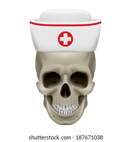 Human skull in white nurse cap. Illustration on white background