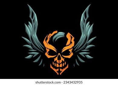 Human skull and wings. Colourful vector illustration on black background.