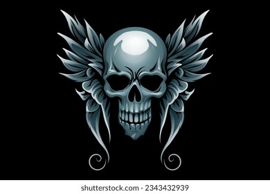 Human skull and wings. Colourful vector illustration on black background.