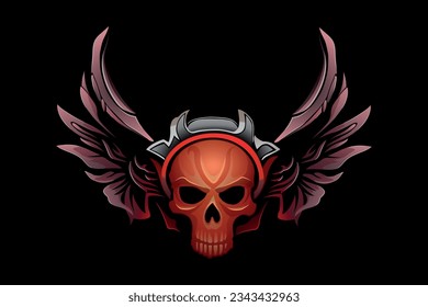 Human skull and wings. Colourful vector illustration on black background.