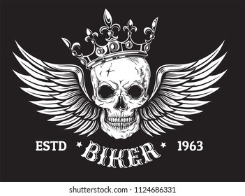Human skull with wings and crown for tattoo design. vector illustration