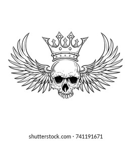 Human skull with wings and crown for tattoo design.