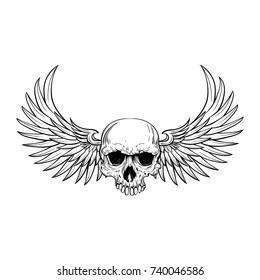 Human skull with wings for tattoo design.