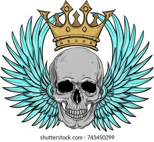 Human skull with wings for tattoo design.
