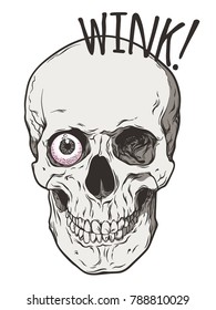 Human skull winks with one eye comic art style isolated. Hand drawn line art poster, sticker or patch design vector illustration.