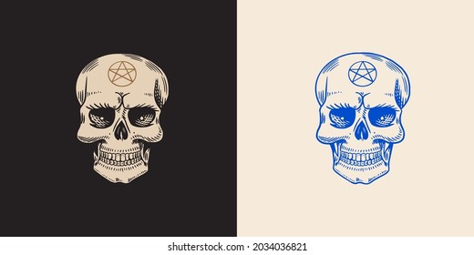 Human skull. Witchcraft or sorcery. Retro old school sketch for tattoo in vintage style. Monochrome Symbol. Hand drawn engraved retro badge for t-shirt, banner, poster and logo