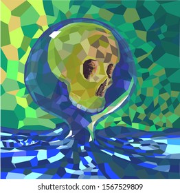 Human skull without lower jaw inside the water structure. Objects consist of many polygons.