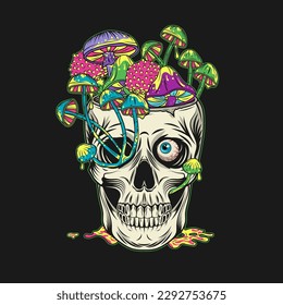 Human skull without top like cup, bowl, vase full with mushrooms. Crazy mad skull with single eye and growing through mushrooms, puddle of poisonous liquid. Illustration in vintage style.