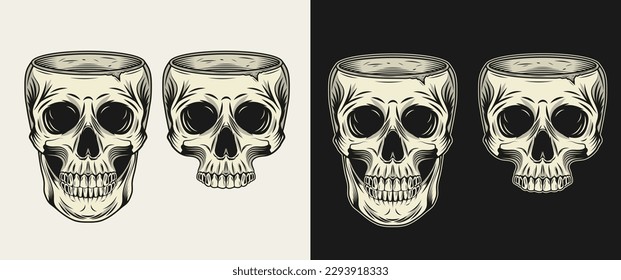 Human skull without top like cup  bowl  vase  Whole skull  half skull without jaw  Front view illustration in vintage style 