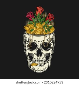 Calavera humana sin top como taza, tazón, jarrón con tesoro dorado, ramo de rosas. Montón de monedas, lingotes de oro, bares. Ilustración de vista frontal en estilo vintage.