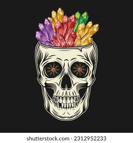 Calavera humana sin tapar como taza, tazón, jarrón lleno de cristales coloridos, piedras preciosas. Ilustración de vista frontal en estilo vintage.