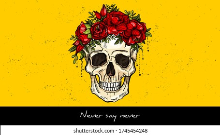 
Human skull and wreath of flowers sketch tattoo design. Hand drawn vector illustration