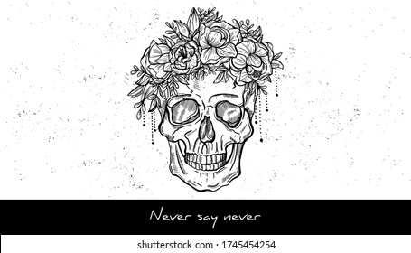 
Human skull and wreath of flowers sketch tattoo design. Hand drawn vector illustration