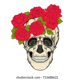Human skull with a wreath of red poppies on the head. 