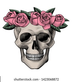 Human skull with a wreath of roses. Vintage color engraving stylized drawing. Vector illustration