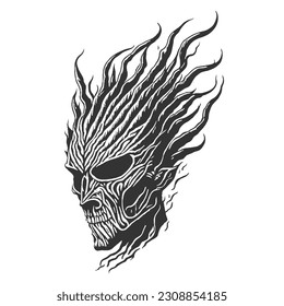 Human skull with writhing roots. Skull design for t-shirt