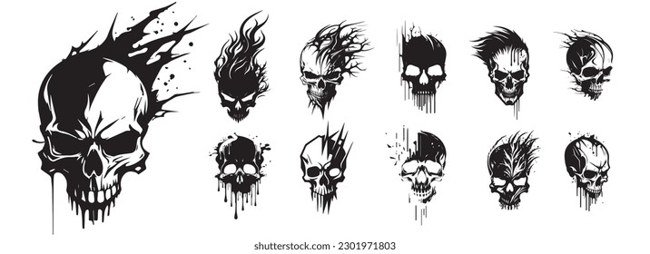 Human skulls black and white vector. Silhouette svg shapes of skulls illustration. svg