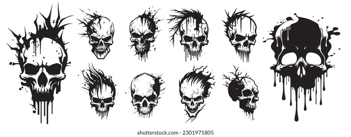 Human skulls black and white vector. Silhouette svg shapes of skulls illustration. svg