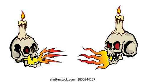 Human skulls with candles and fire in old school tattoo style, vector drawing
