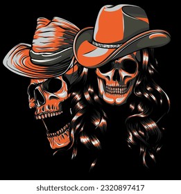 human skulls cowboy and woman vector illustration on black background