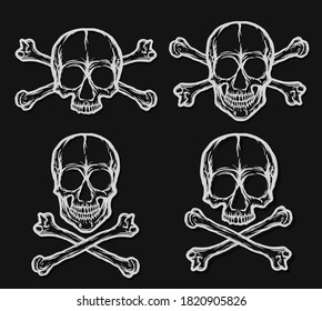 Human skulls with crossbones vector set on black background