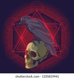 Human skulls and Crow. Solomon Star on a background. Conceptual art, tattoo or tarot card design. EPS10 vector illustration