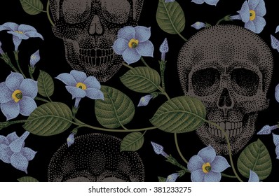 Human skulls and devil's guts. Seamless vector pattern. Illustration of natural organic elements, Dead Head and flowers ivy on a black background.