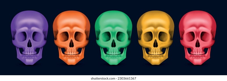 Human skulls of different color front view realistic set isolated on black background vector illustration