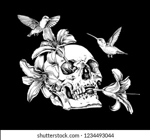 Human skulls with a exotic flowers and hummingbird. Humor card, t-shirt composition, hand drawn style print. Vector black and white illustration.