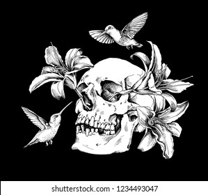 Human skulls with a exotic flowers and hummingbird. Humor card, t-shirt composition, hand drawn style print. Vector black and white illustration.