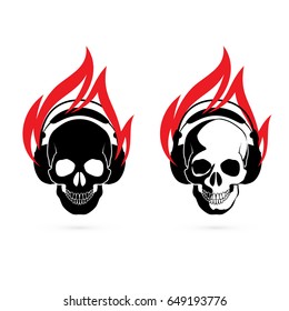 Human Skulls with Headphones in Red Fire. Icons for Design Template