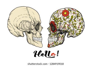 Human Skulls with hello  slogan.  Good for print on T-shirts, bags,  covers.  Vector illustration.