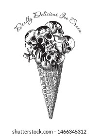 Human skulls ice cream in a waffle cone with spread jam. Creepy cartoon illustration for theme parties, prints for t-shirts, Halloween.  Black and white.