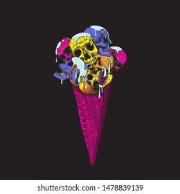 Human skulls ice cream in a waffle cone with spread red jam. Creepy cartoon illustration for theme parties, prints for t-shirts, Halloween. 