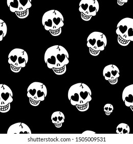 Human skulls illustration black background  Vector Seamless background and skeleton head and heart   bones  Day the dead  mexico  Happy Halloween