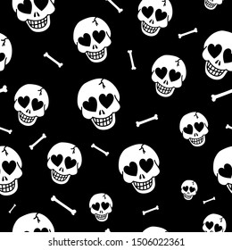Human skulls illustration on a black background. Vector Seamless background with skeleton head with heart and bones. Day of the dead, mexico. Happy Halloween