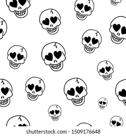 Human skulls illustration on a white background. Vector Seamless background with skeleton head with heart. Happy Halloween. Day of the dead, mexico.