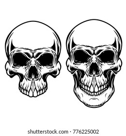Human skulls isolated on white background. Design elements for logo, label, emblem, sign. Vector illustration