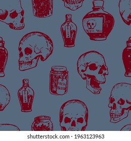 Human skulls and jars of potions. Hand drawn vector seamless pattern. Spooky engraving ornament. Halloween vintage outline design for background, wallpaper, print, wrap, textile, fabric, decor, card.