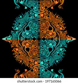Human skulls and marijuana leaves psychedelic ornament vector illustration