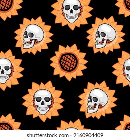 Human skulls in orange sunflowers for decorated autumn holidays.Colorful seamless repeat pattern on black.Halloween background and texture for printing on fabric and paper.Vector  illustration.