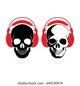 Human Skulls with Red Headphones. Icons for Design Template