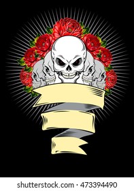 Human skulls and red roses with banner