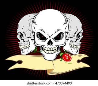 Human skulls and red roses with banner